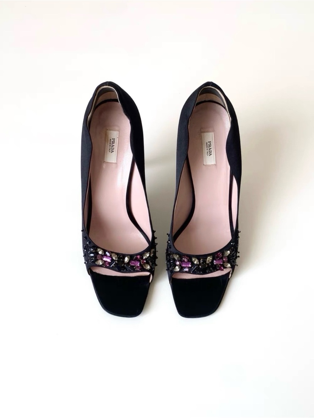 Prada Black Peep-Toe Heels with Pink Insole and Jewel Accents